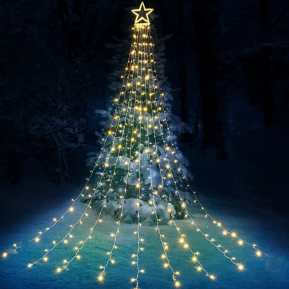 Cadena de luces blancas cálidas con cascada de estrellas navideñas de 11,5 pies