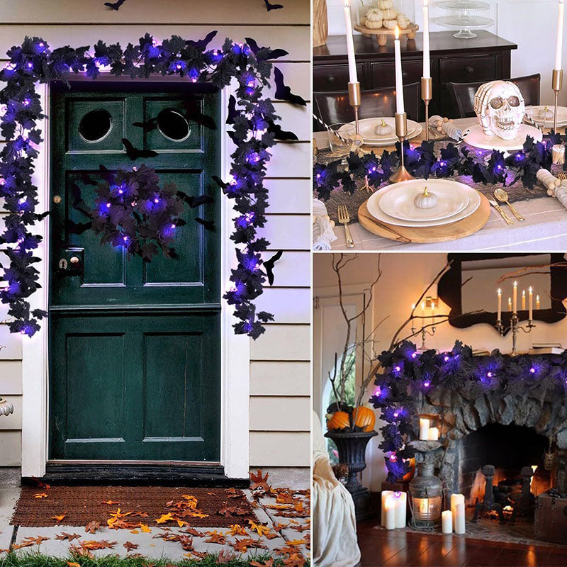 Guirnalda de luces con hojas de arce negras para Halloween